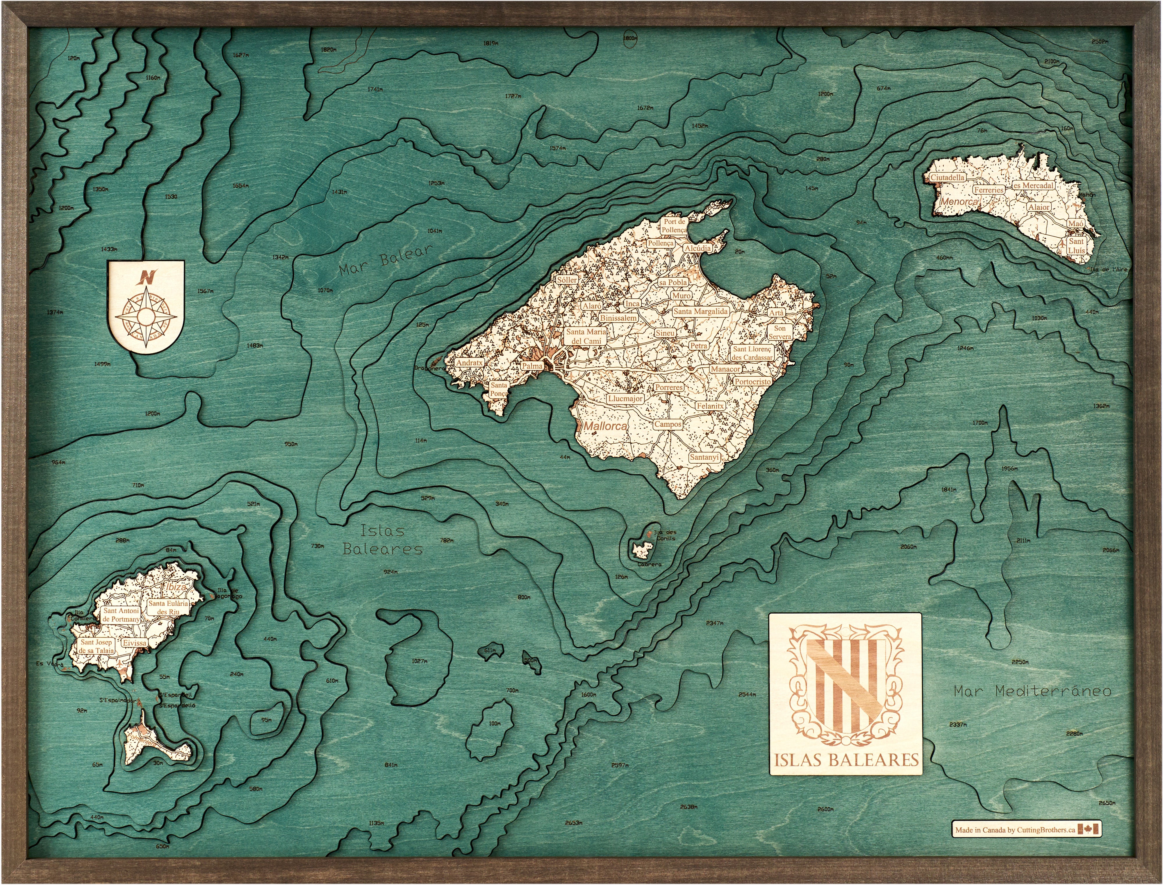 BALEARIC ISLANDS 3D WOODEN WALL MAP - Version L