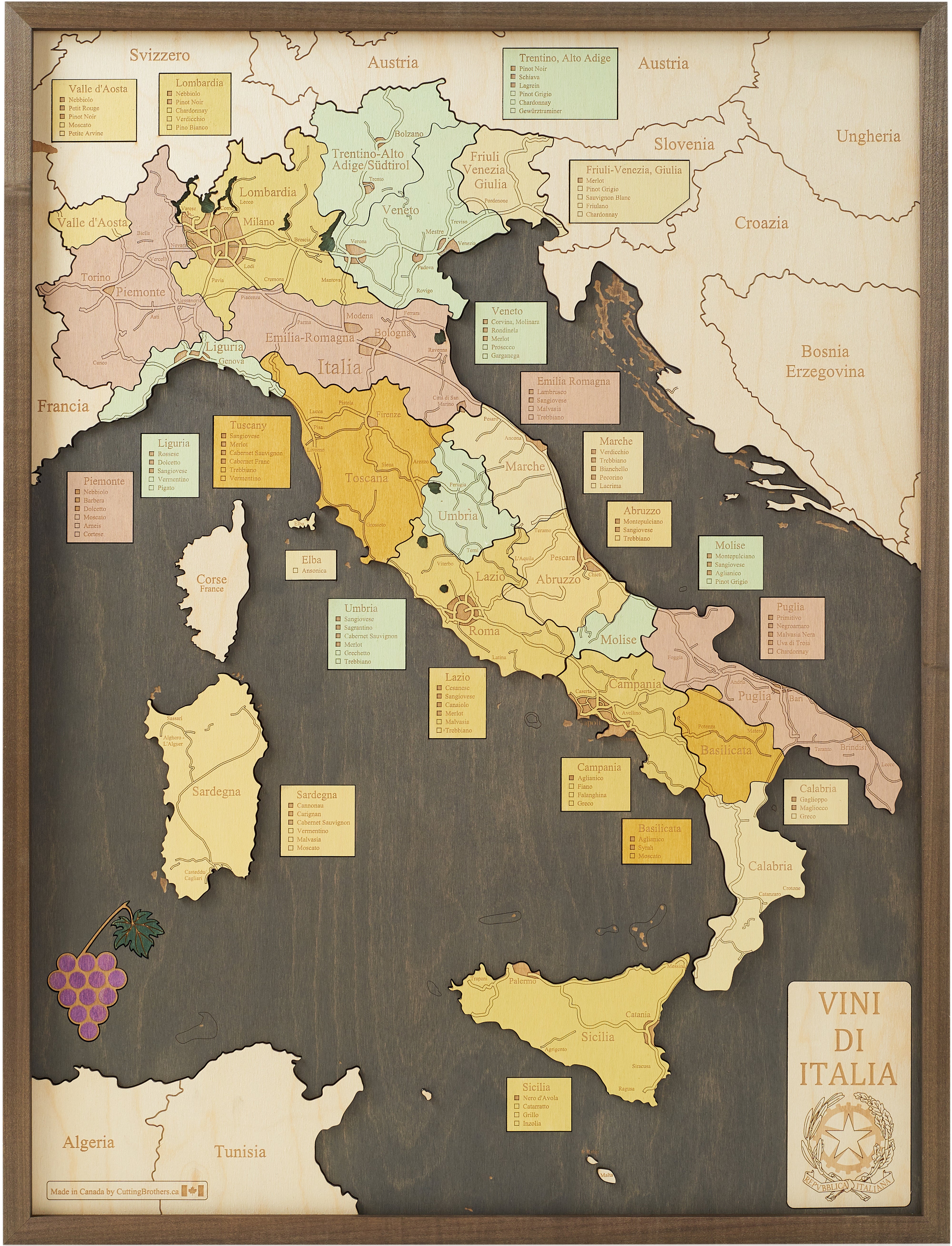 ITALY WINE REGIONS 3D WOODEN WALL MAP - Version L
