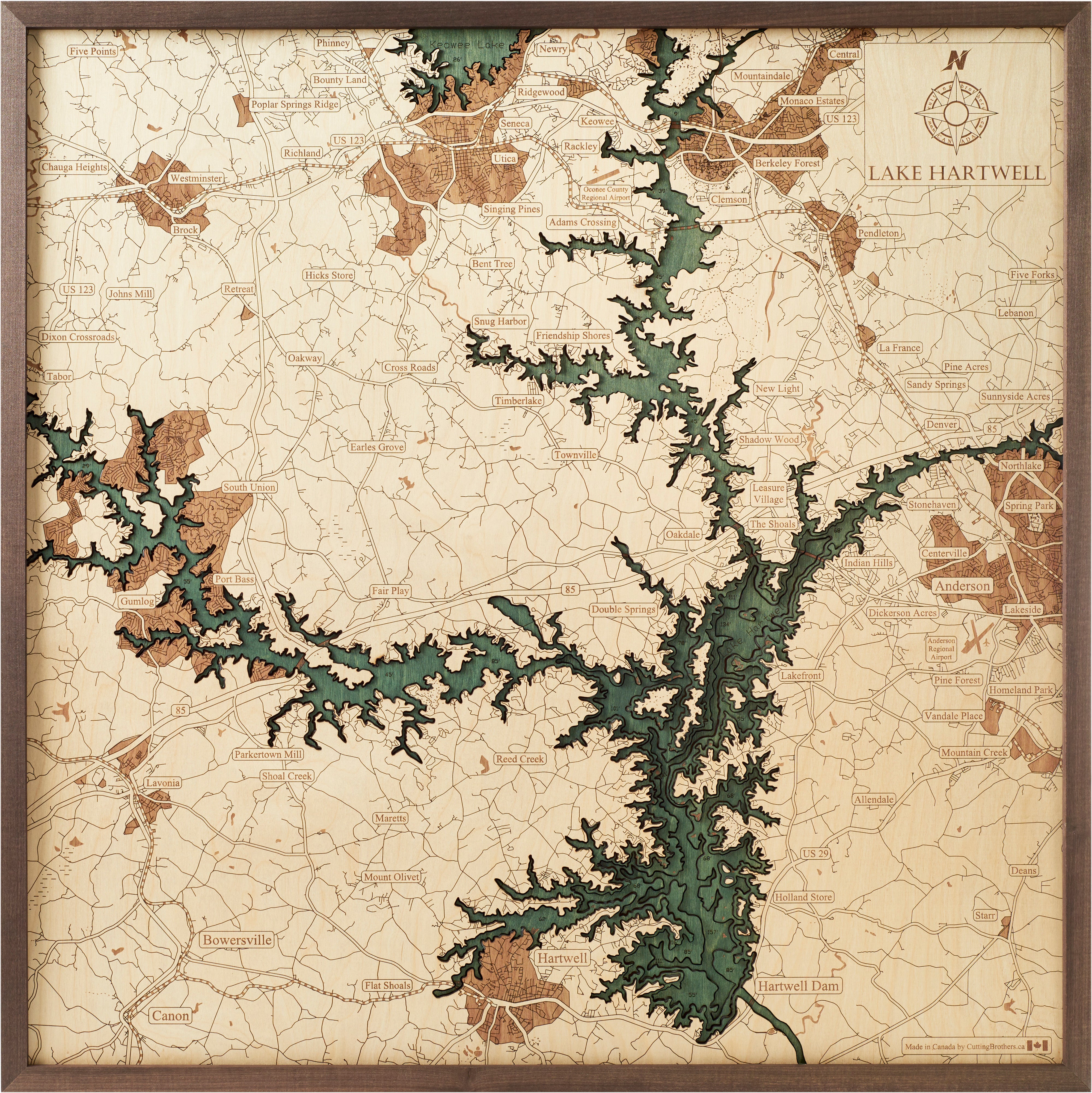 LAKE HARTWELL 3D WOODEN WALL MAP - Version L