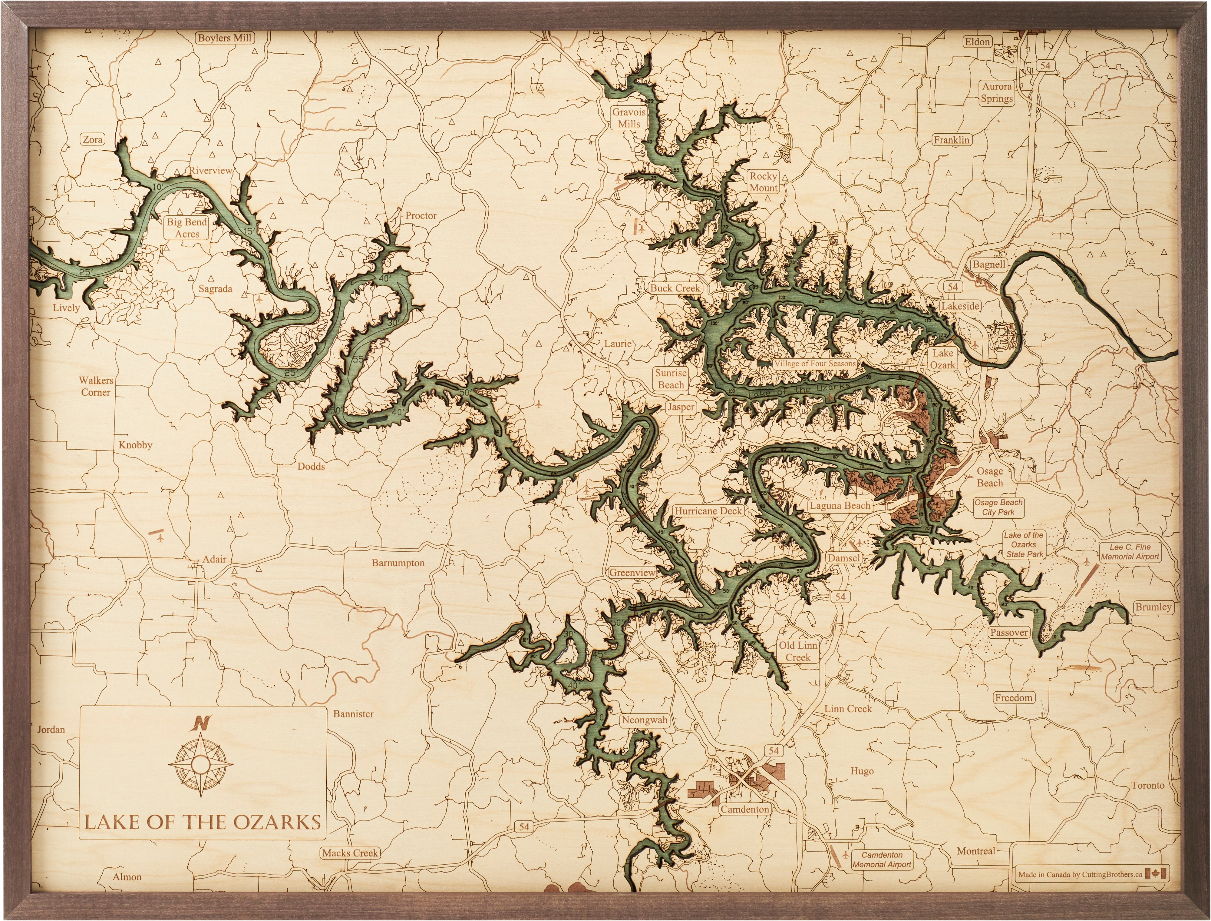 LAKE OF THE OZARKS 3D WOODEN WALL MAP - Version L