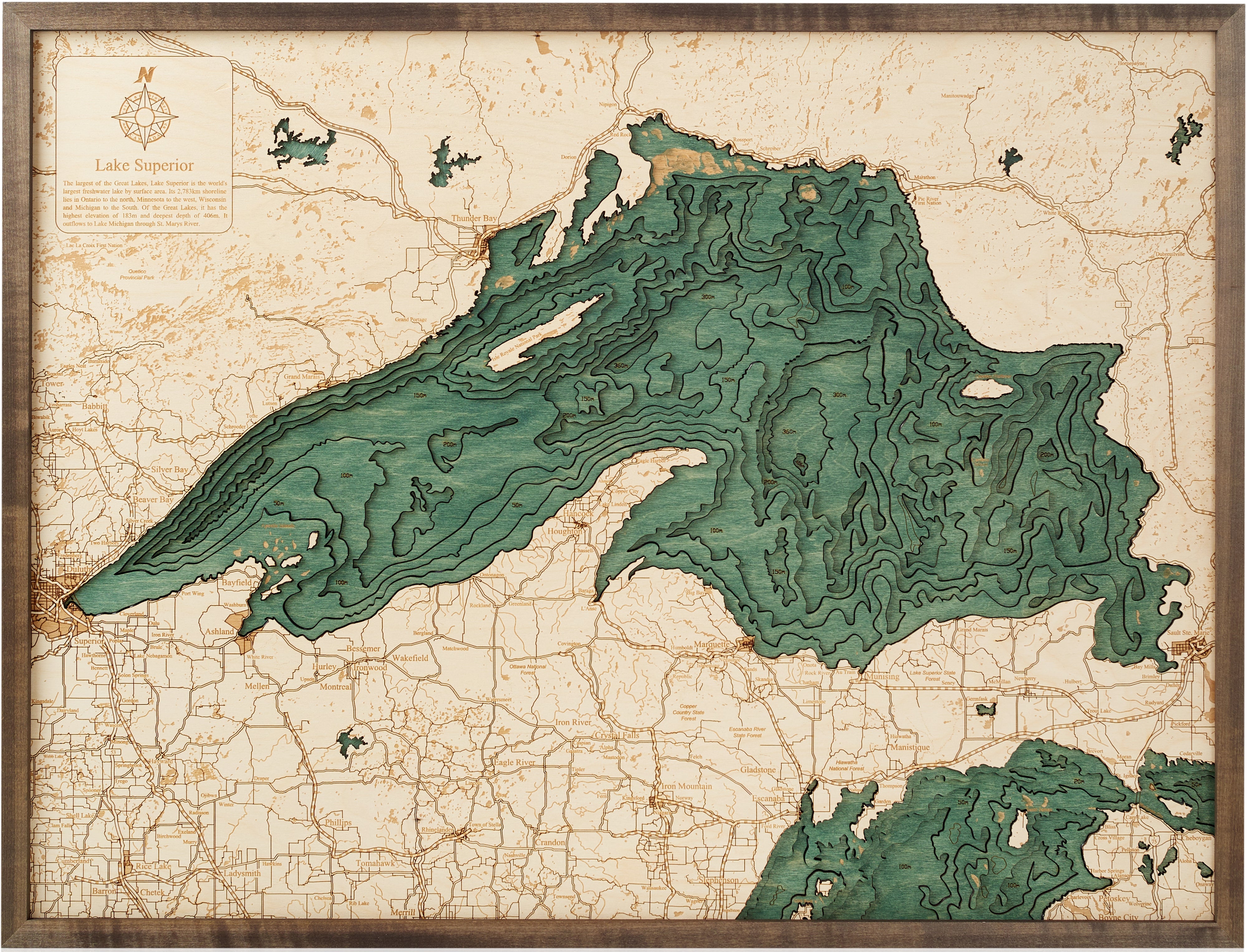LAKE SUPERIOR 3D WOODEN WALL MAP - Version L