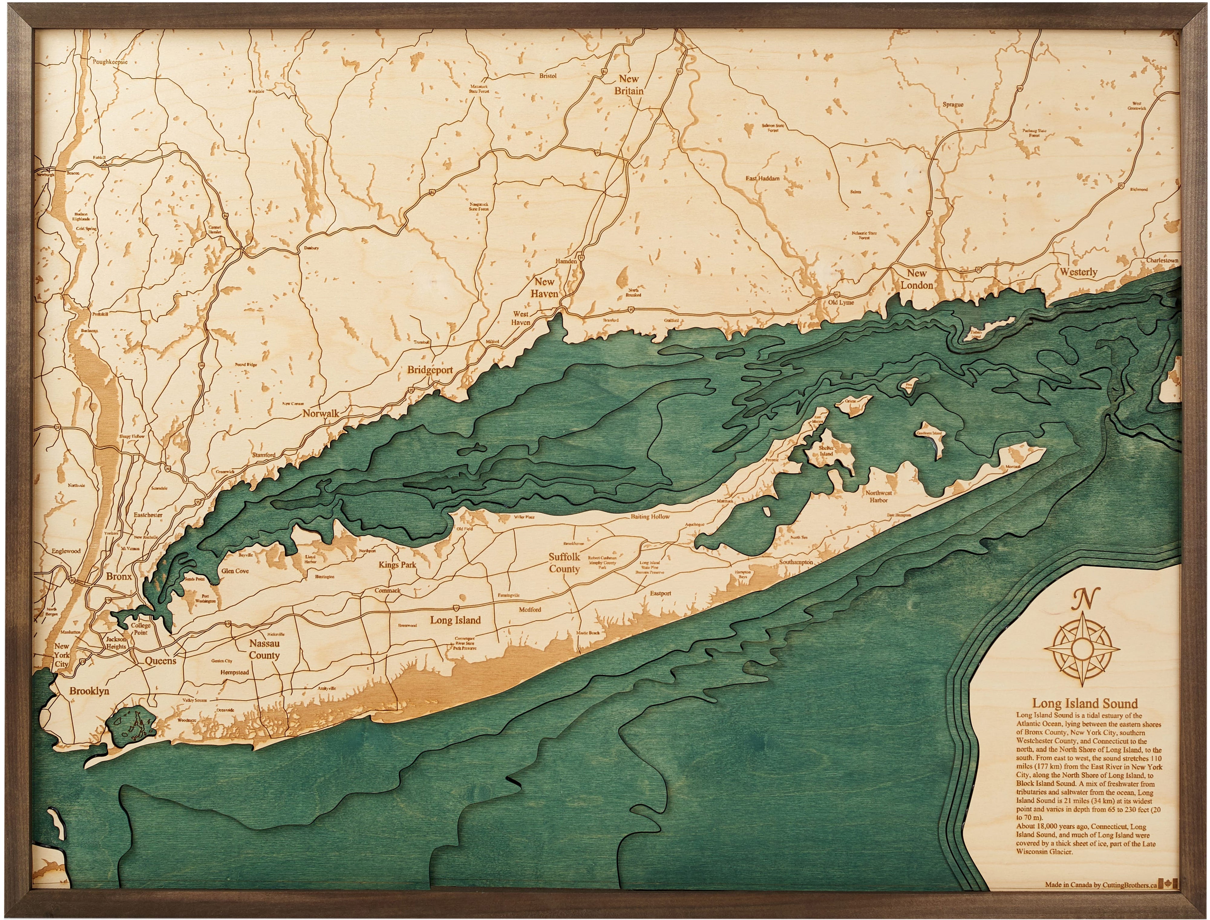 LONG ISLAND SOUND 3D WOODEN WALL MAP - Version L