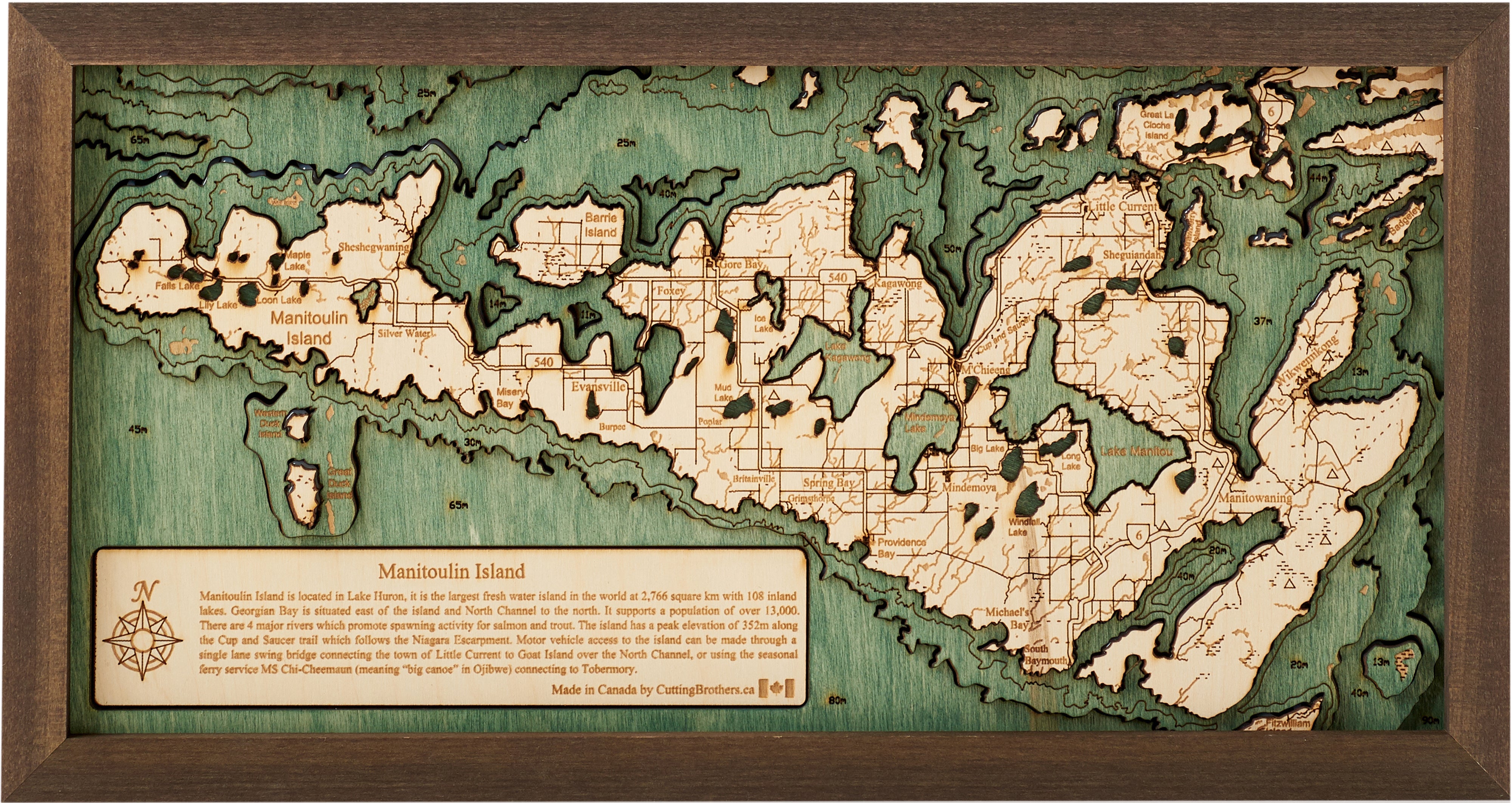 MANITOULIN ISLAND 3D WOODEN WALL MAP - Version S