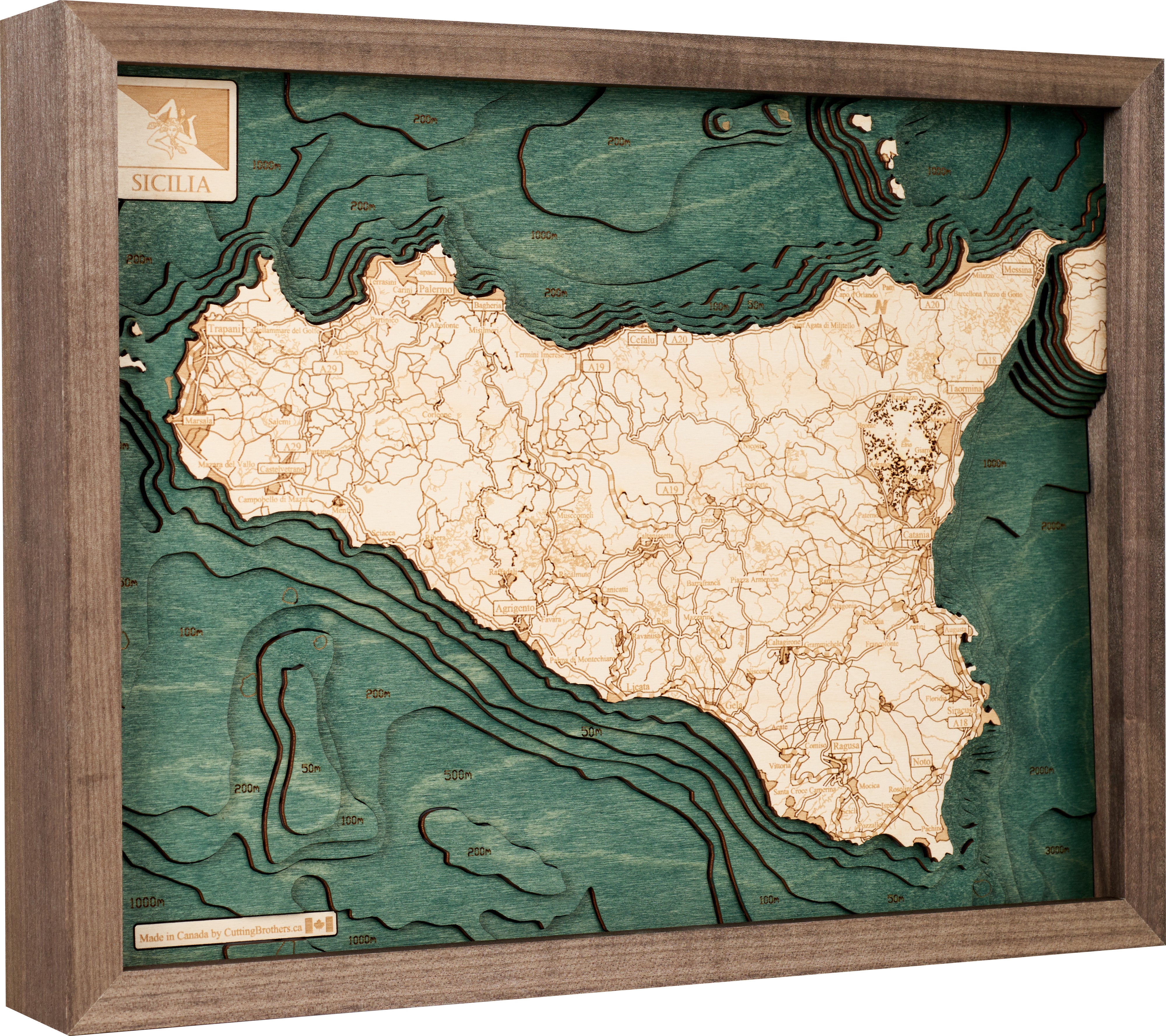 SICILY 3D WOODEN WALL MAP - Version S