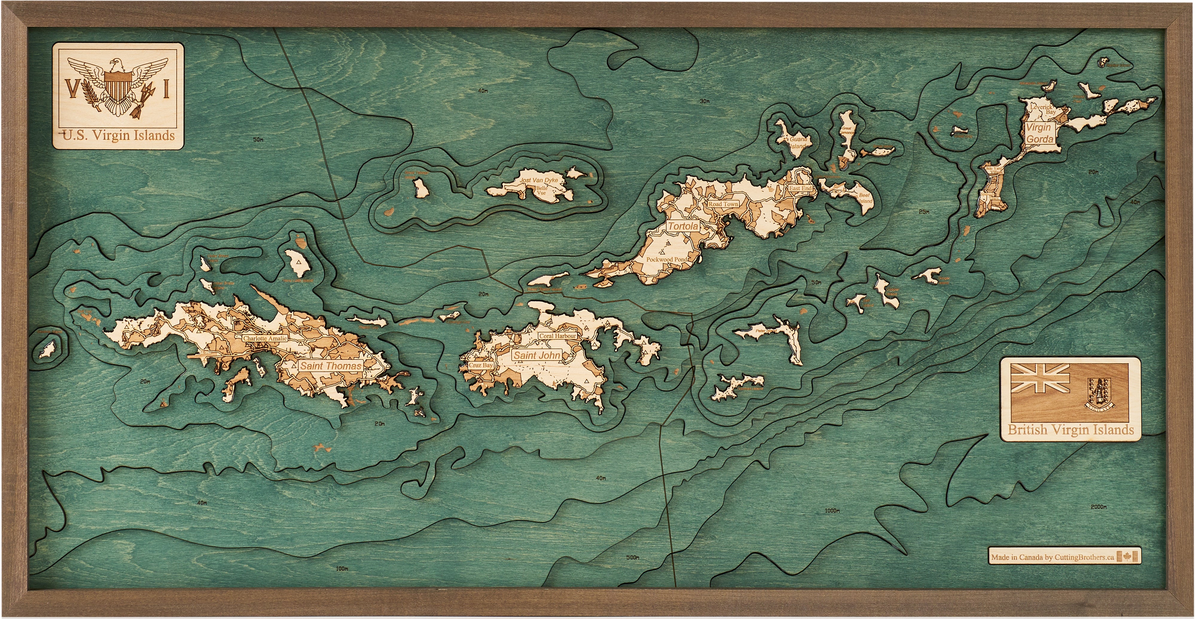 US / BRITISH VIRGIN ISLANDS 3D WOODEN WALL MAP - Version M